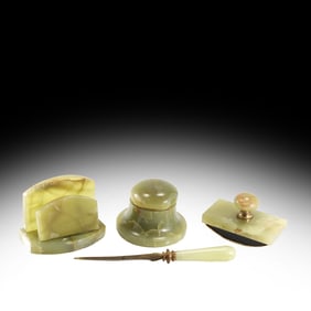 4-Piece Vintage Green Onyx Desk Set:  Inkwell, Letter Holder, Blotter, Letter Opener