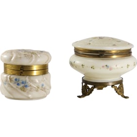 [2] circa 1890 WAVECREST Glass Covered Dresser Jars, One is Footed, Brass Mounts