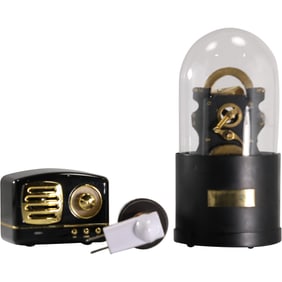 3 Assorted Novelty items, Mini Radio, Masion Jar Night Light, Stock Ticker Tape Machine