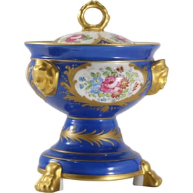 Serves Style, France, Porcelain Covered Urn, Blue with Gold Gilt, Footed, Hand Painted Flowers