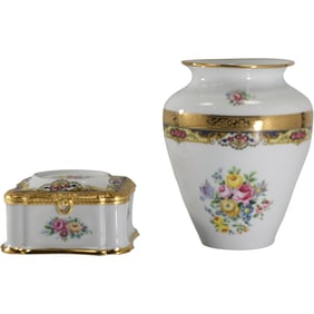 2 Imperial Limoges France, Fine Porcelain Vase and Dresser Box, Floral, Cobalt & Gold