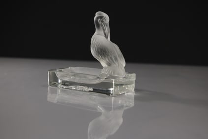 Vintage Satin Crystal Glass Pelican Figure Dish with Frogs in Pond 5 in. height x 5.5 in. length