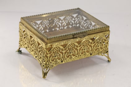 Ornate Brass Casket Vitrine Dresser Top Jewelry Box with Glass Top 3.5 in. x 6.5 in. x 5.5 in.