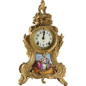 19th C. Ansonia French Ornate Metal Case Mantle Clock with Porcelain Genre Panel, Porcelain Dial (1 of 20)