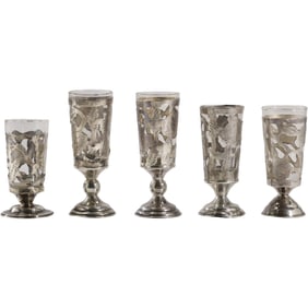 5 Sterling Silver Overlay Crystal Glass Cordials, various sizes