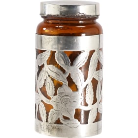 Sterling Silver Overlay Amber Glass Jar with Cover 5 in. height x 4 in. wide