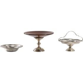3 Assorted Sterling Silver: Low Candy Dish, Wood and Sterling Compote, Sterling Silver Basket