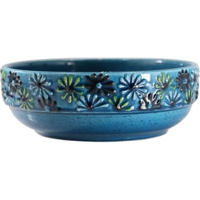 Alvino Bagni Italian Blue Teral Ceramic Bowl  with Flowers 11 in. diameter, Mid-Century Modern