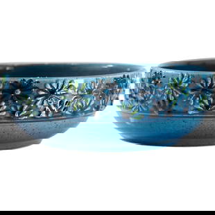 Alvino Bagni Italian Blue Teral Ceramic Bowl with Flowers 11 in. diameter, Mid-Century Modern: Alvino Bagni Italian Blue Teral Ceramic Bowl with Flowers 11 in. diameter, Mid-Century Modern size: 4h x 11w