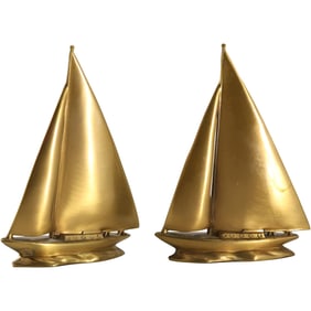 Vintage Brass Finish Cast Metal Sailboat Bookends, Nautical, Mid-Century Modern