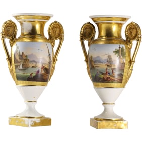 Pair 19th C. Old Paris Porcelain Urns Gold Gilt, River, Castle, Mountains Scenic Panel 11 in. h.