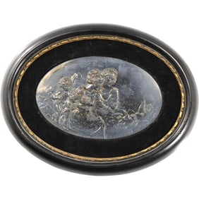 19th C. Silver on Copper Oval Framed Plaque Repousse Relief 2 Women and Cherub