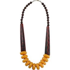 Stunning Vintage Art Deco Bakelite and Wooden Necklace - Very Stylish, 24 in. length