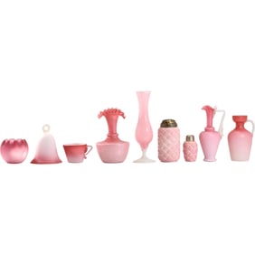 Estate Collection 9 Assorted Pink Mt. Washington, Burmese Vases, Pitches, Bell, Shakers SEE PICTURES