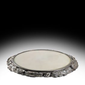 19th C. PAIRPOINT Silver Plate Fancy Rim Round Mirrored Dresser Plateau 16 in. diameter