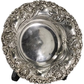 Sterling Silver 66 gramsSmall Bowl with Fancy Relief Border of Flowers 7 in. dia.