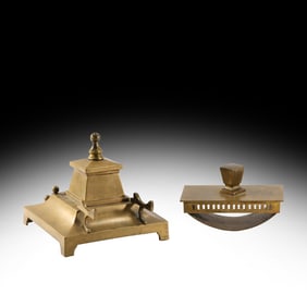 Antique Arts and Crafts Brass Desk Top Inkwell with Blotter - Original Patina