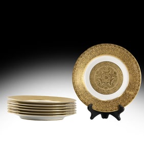 Set 7 Fine Porcelain Heavy Gold Decorated Dinner Service Plates LS & S LIMOGES France 11.5 in. dia.