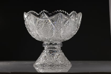 American Brilliant Cut Glass Punch Bowl, 2-Part, 11 inches height x 12 inches diameter