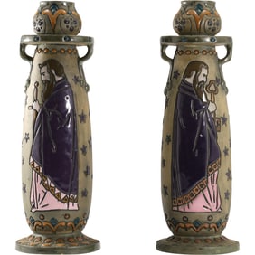 2 Art Nouveau Candlesticks, Amphora, Austria c. 1900, Incised Decoration, Bearded Man with Sword