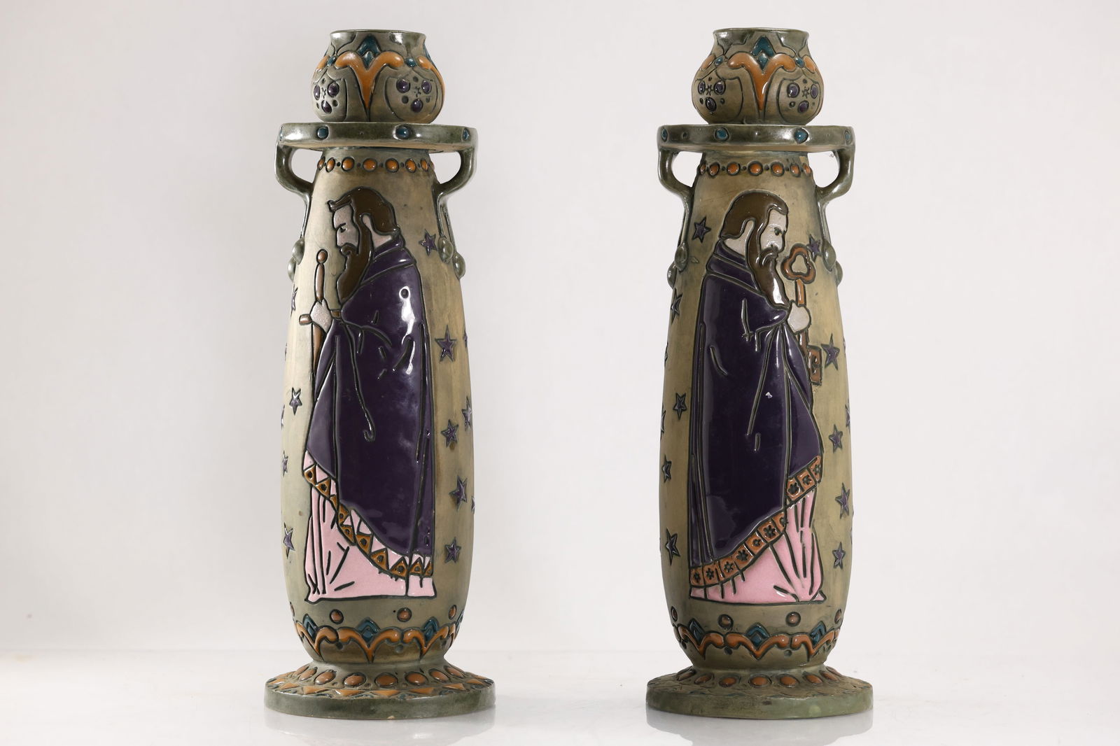 2 Art Nouveau Candlesticks, Amphora, Austria c. 1900, Incised Decoration, Bearded Man with Sword: 2 Art Nouveau Candlesticks, Amphora pottery, Austria c. 1900, Incised Decoration, Bearded Man with Sword. size: 14 inches height x 5 in. wide