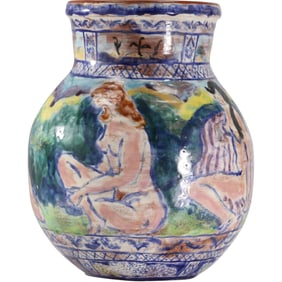 Italian Redware Pottery Vase with Colorful Glazed Finish Seated Nudes in Landscape 9 in. x 8 in.