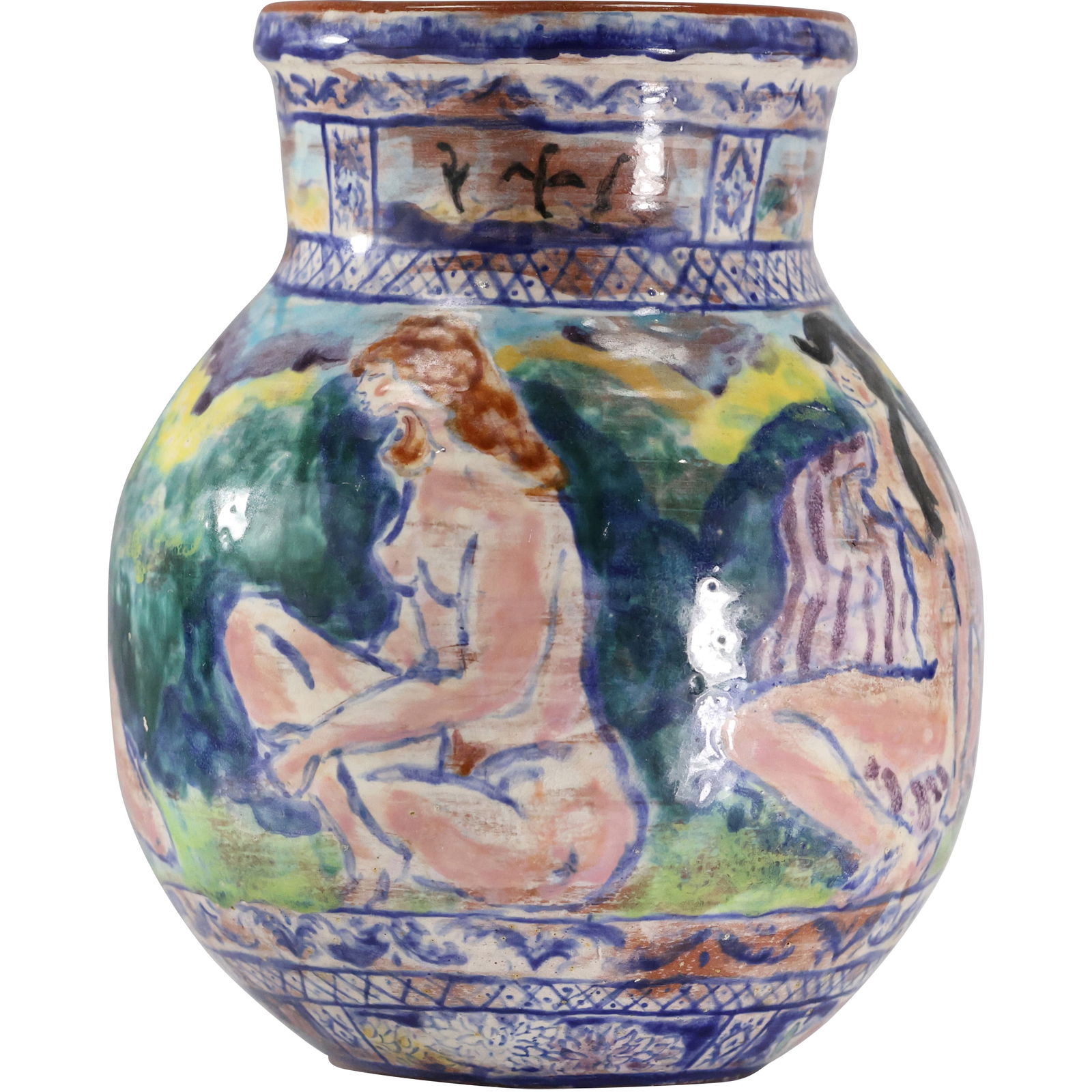Italian Redware Pottery Vase with Colorful Glazed Finish Seated Nudes in Landscape 9 in. x 8 in.: Italian Redware Pottery Vase with Colorful Glazed Finish Seated Nudes in Landscape 9 in. x 8 in. size: 9h x 8w