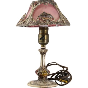 Circa 1920s Art Deco Cast Metal Boudoir Lamp with Metal and Fabric Shade, Floral Design