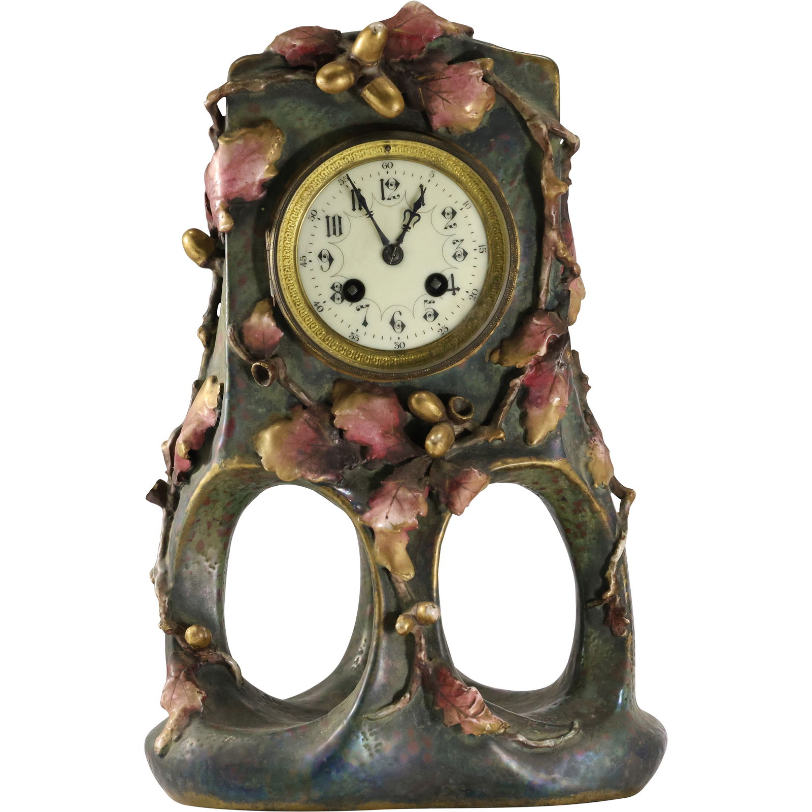 19th C. Art Nouveau Amphora Pottery, Austria, Mantle Clock with Flowers Leaves Vines 14 in. height: 19th C. Art Nouveau Amphora Pottery, Austria, Mantle Clock with Flowers Leaves Vines 14 in. height. size: 14h x 10w
