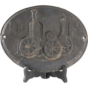 19th C. Cast Iron United Firemen’s Insurance Company "U F" with Fire Pumper, Fire Mark Plaque
