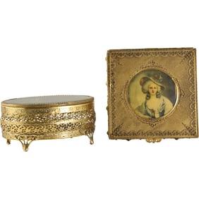 2 Circa 1930s Gold Brass Ornate Metal Dresser Boxes Oval and Square with Portrait Fashion Woman