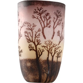 Vintage Purple Amethyst Art Glass Vase Cameo Cut Trees and Acid Etched 11.5 in. height x 7 in.w.