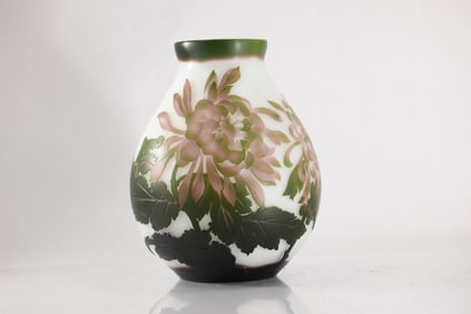 Signed Galle, 1980s Vintage 3-Color Cut Cameo Glass Vase Flowers, 9 in. height x 8 in. wide
