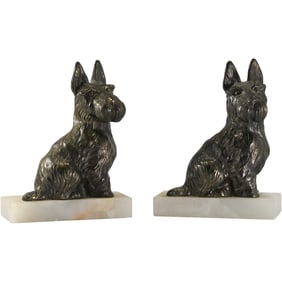 Vintage Cast Metal Scotty Dog Figural Bookends on White Onyx Bases - Original Patina