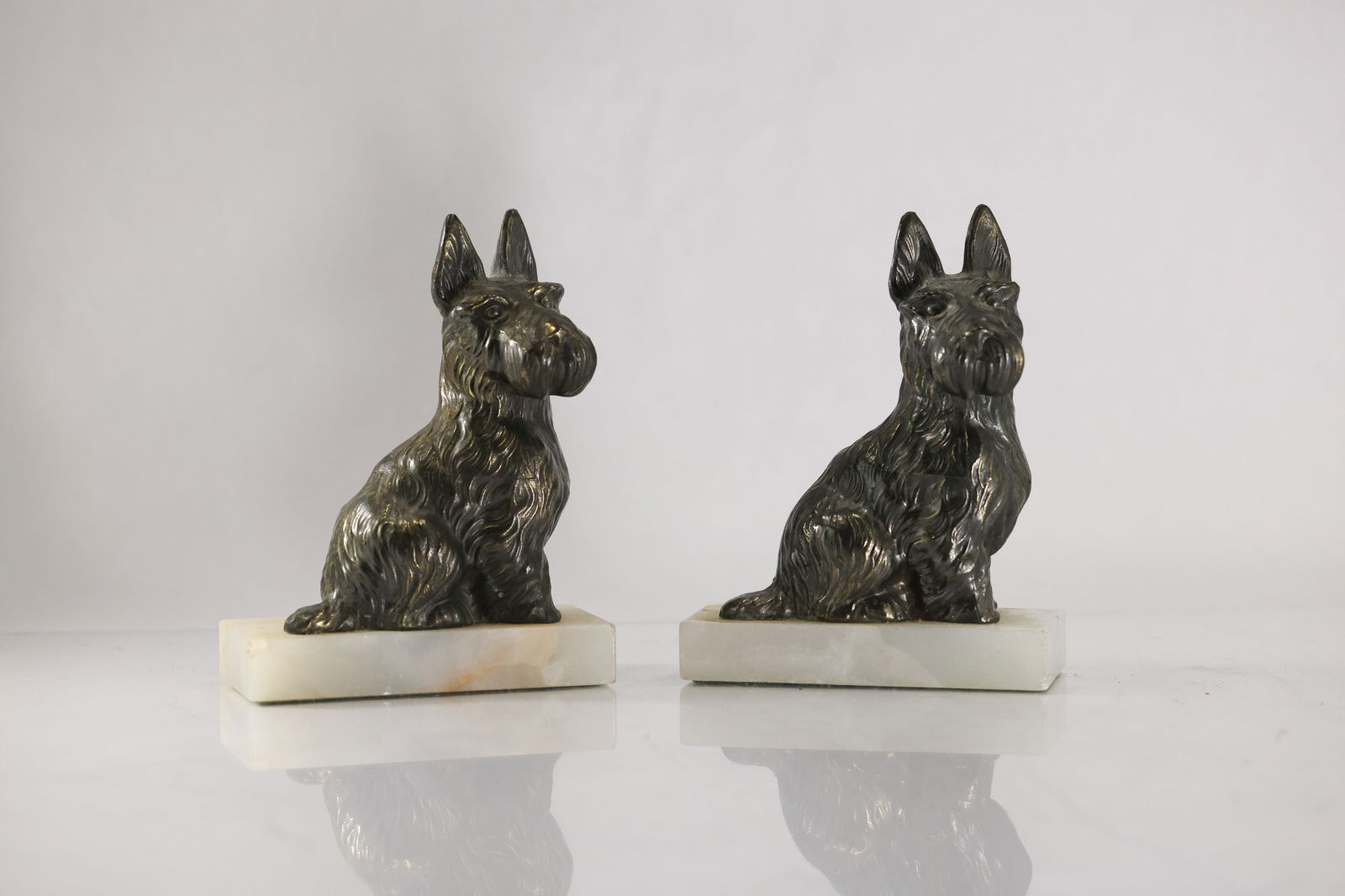 Vintage Cast Metal Scotty Dog Figural Bookends on White Onyx Bases - Original Patina (1 of 20)