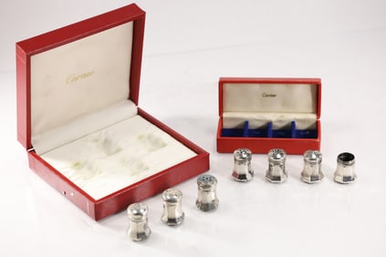 CARTIER 7 Sterling Silver Salt & Pepper Shakers [one missing top], with 2 Fitted Boxes