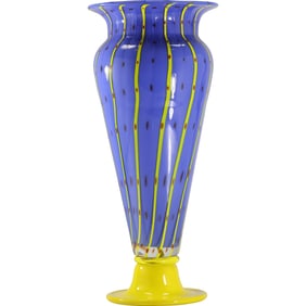 Large Post-Modern Murano Blue and Yellow Pedestal Base Vase 15 inches height x 8 in. wide