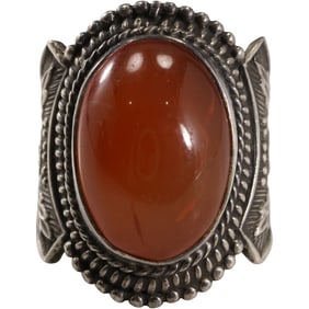 .925 Sterling Silver Carnelian Stone, Beading with Floral Design Ring Size 9 , 1 in. x 1 1/4 in.