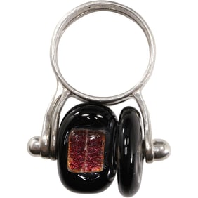 .925 Sterling Silver Black Onyx with Foil Stones Inlaid Fidget Double Ring Size 8.75, 1 3/8 in. x