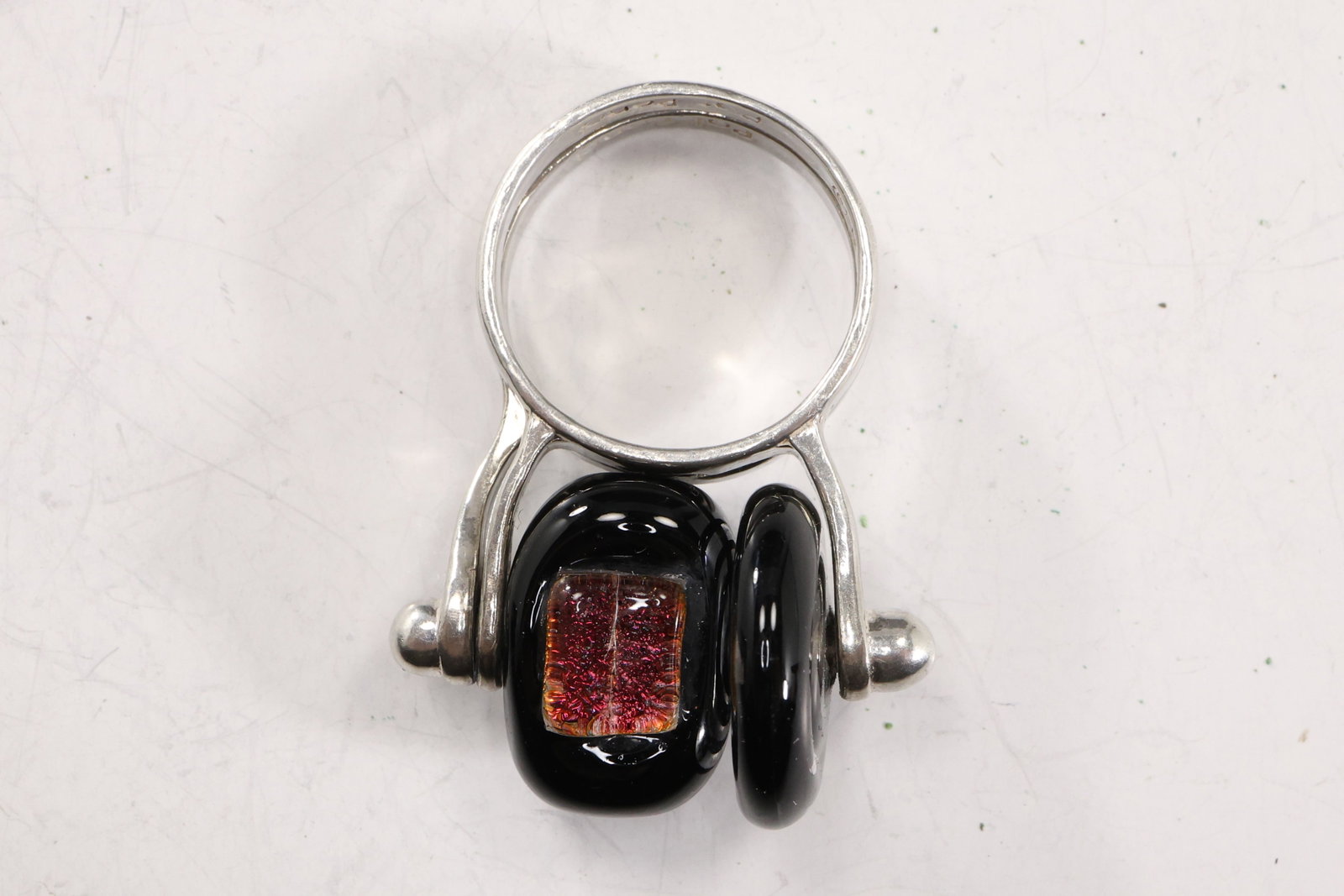 .925 Sterling Silver Black Onyx with Foil Stones Inlaid Fidget Double Ring Size 8.75, 1 3/8 in. x: .925 Sterling Silver Black Onyx with Foil Stones Inlaid Fidget Double Ring Size 8.75, 1 3/8 in. x 3/4 in.