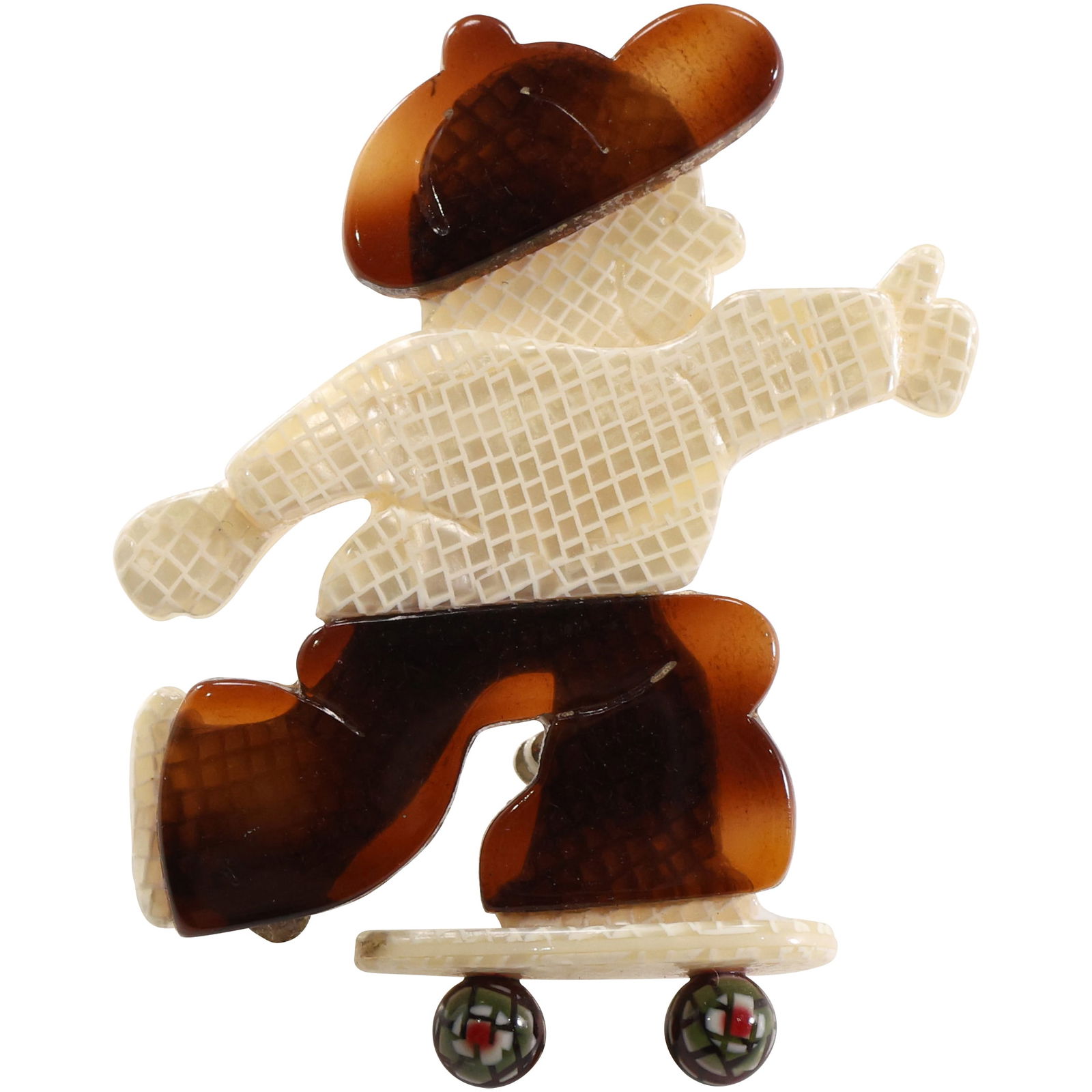 LEA STEIN, PARIS, Made in France Skateboarder Pin, Laminated Cellulose Aretate 1 7/8 in. x 1 1/2 in. (1 of 11)
