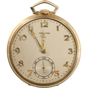 Hamilton White Face 14K Yellow GF, 21 Jewels, June 4, 1937 Pocket Watch [not working] 2 1/8 in.