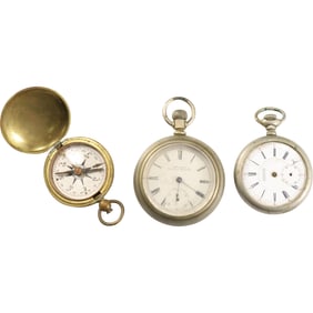[3] American Railroad Pocket Watch Waltham Watch Co. 3.25 in,. x 2.25 in.; USCE Brass Compass;
