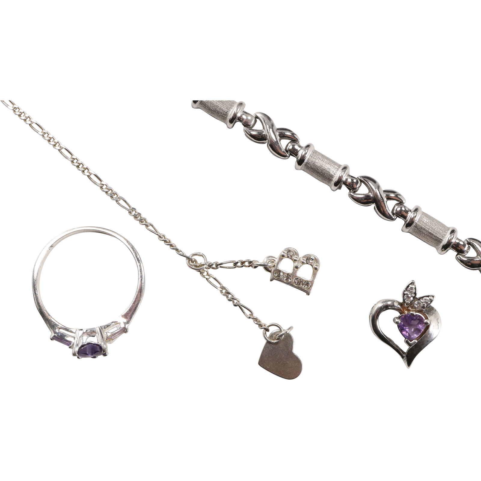 [4] .925 Sterling Silver: .925 Purple Amethyst with CZ Ring Size 9; .925 Pendant; .925 "X" Bracelet; (1 of 17)