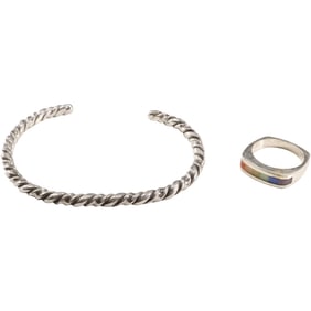 .925 Sterling Silver 23 grams Twisted Cuff Bracelet and .925 Rainbow Ring Size 7