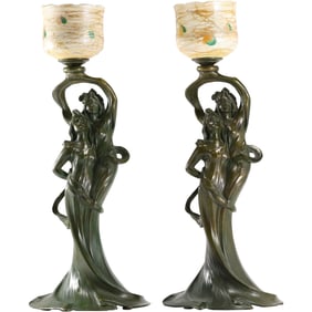 Edward McCartan; Pair of Rare American Bronze Art Nouveau Candle Lamps Signed