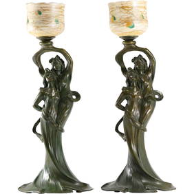 Edward McCartan; Pair of Rare American Bronze Art Nouveau Candle Lamps Signed (1 of 20)