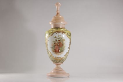 Circa 1890 Tall Pink Bristol Glass Cover Urn with Hand Painted Courting Scene 18.5 in. height