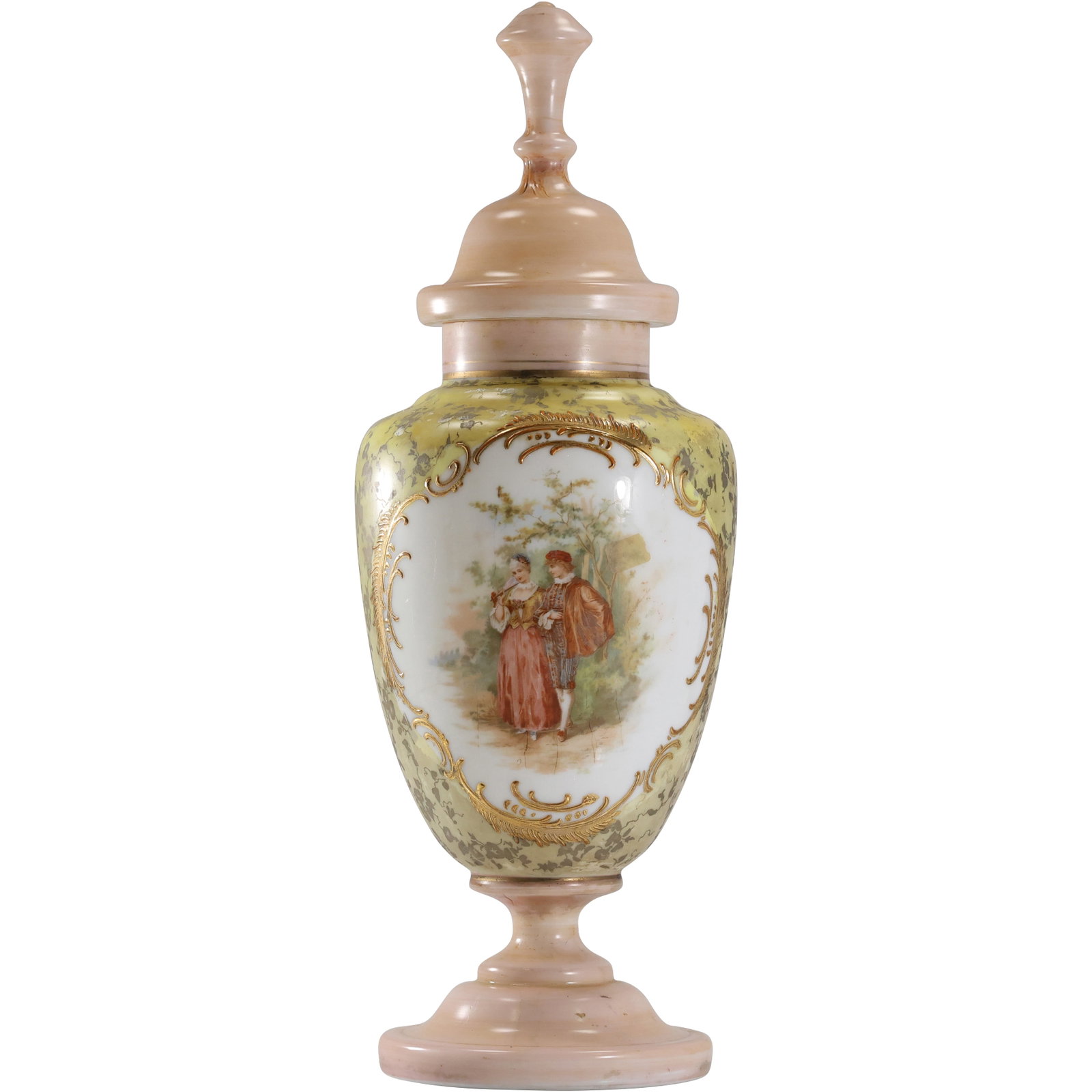 Circa 1890 Tall Pink Bristol Glass Cover Urn with Hand Painted Courting Scene 18.5 in. height: Circa 1890 Tall Pink Bristol Glass Cover Urn with Hand Painted Courting Scene 18.5 in. height. size: 18.5 h 6 w