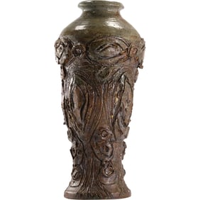 Brutalist Art Pottery Brown Vase Signed and Dated Margo 1969, 12 inches height x 5 in. wide